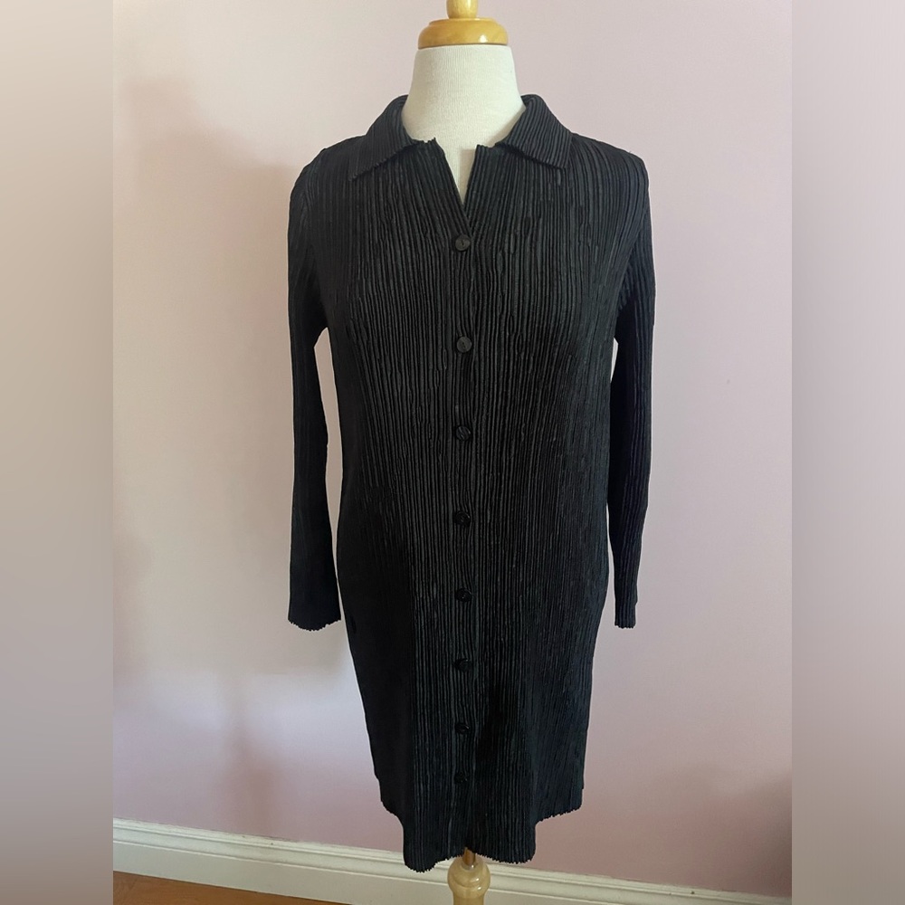 Black Button-Up Long Sleeve Dress with Accordion Stretch